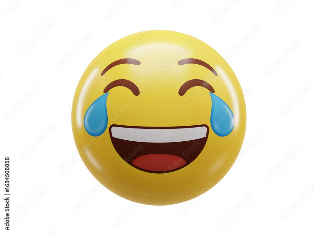 Fototapeta premium Joyful yellow emoji face with tears of laughter expressing extreme happiness and amusement isolated on transparent background