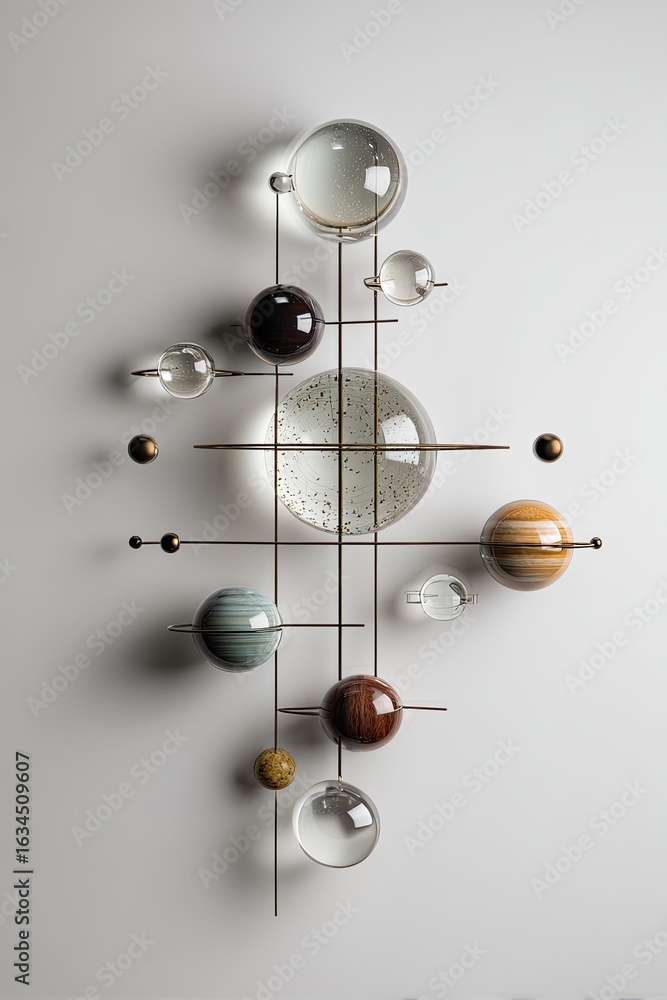 Obraz premium Abstract, geometric wall art. Glass spheres and orbs, various colors, metallic connecting rods. Clean lines, modern design