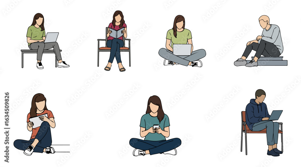 Fototapeta premium Architectural Drawings student sitting color vector illustration, front view, human person Minimal style hand drawn.