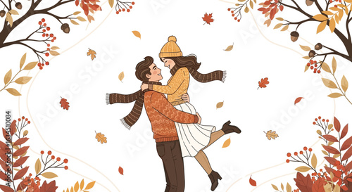 Romantic autumn illustration of a couple embracing amidst falling leaves with a sweet loving feeling
