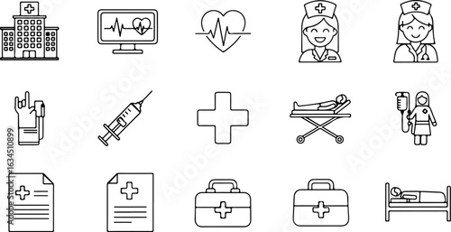 Vector art of medical and healthcare icons isolated on white background
