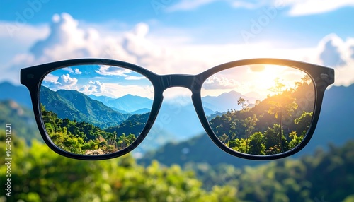 Mountain View Through Eyeglasses Landscape and Clear Vision Concept