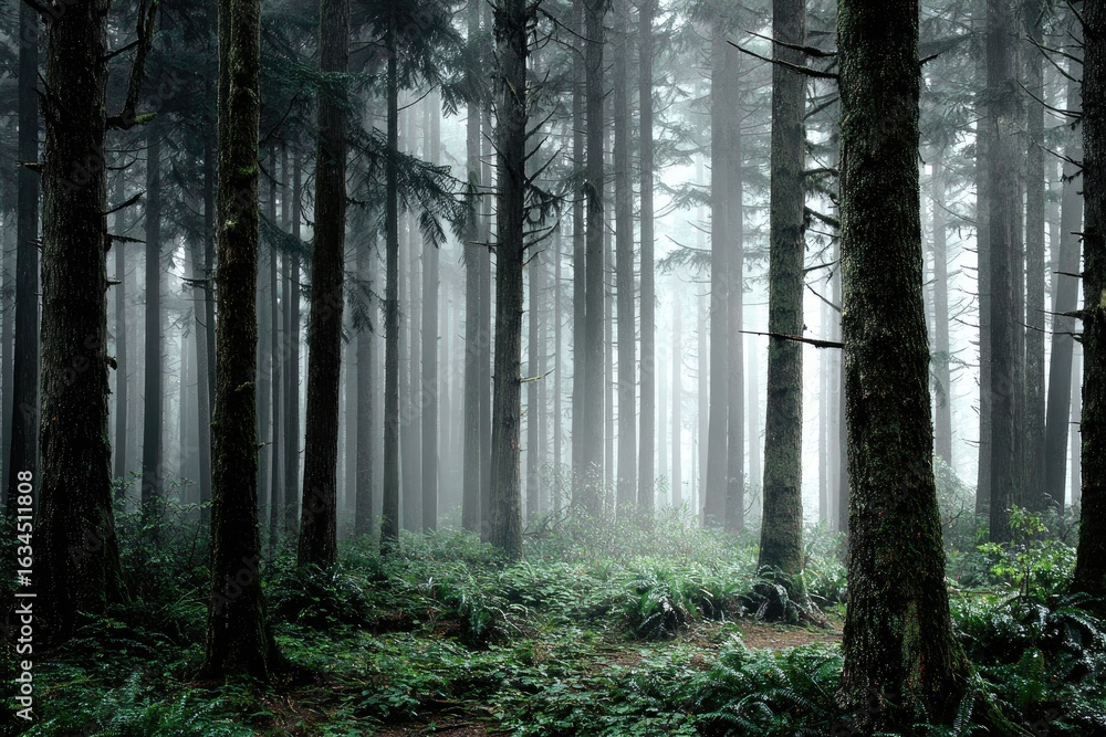 Fototapeta premium Misty, dark forest scene