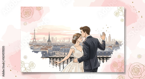 Romantic Watercolor Illustration of a Wedding Couple in Paris with Eiffel Tower backdrop