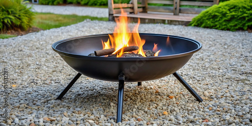 A black metal fire pit with bright flames burning, set on a bed of gravel in an outdoor garden setting, creating a warm and inviting atmosphere