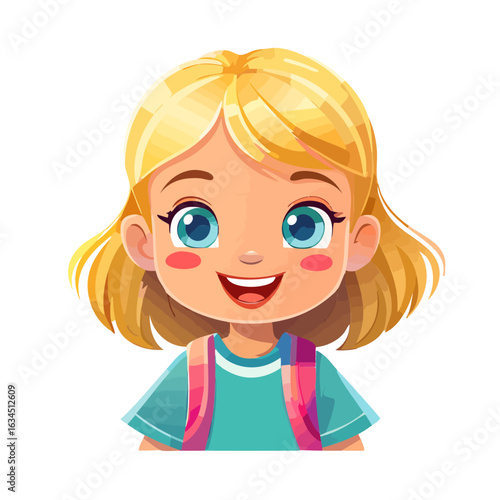 Adorable cartoon illustration of a happy little blonde girl with blue eyes and a pink backpack, ready for her first day of school