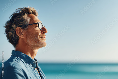 man at beach practices mindfulness and inner peace meditating with his eyes closed