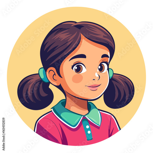 Adorable cartoon girl with pigtails and a happy smile. A sweet illustration representing the joy and innocence of childhood