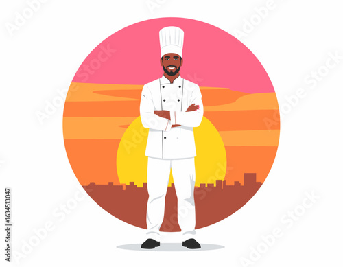 Portrait of a smiling African American male chef in a professional uniform with arms crossed against a vibrant city sunset