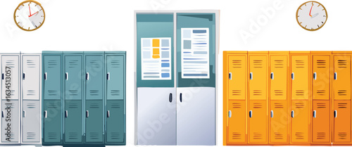 Colorful School Corridor with Lockers and Wall Posters