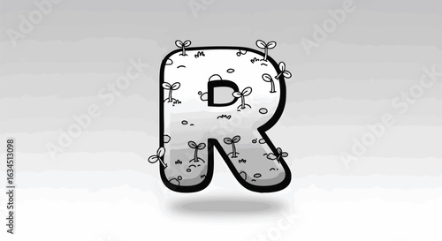 Alphabet letter R with small sprouting seedlings growing on its surface. Vector illustration for nature and growth concept.