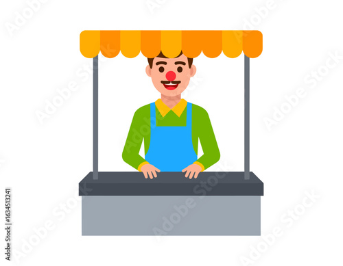 A cheerful cartoon vendor with a red clown nose smiling from behind his market stall. Flat vector illustration of a friendly seller.