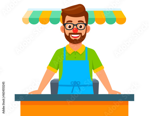 Cheerful cartoon shopkeeper with a red nose, promoting fun and goodwill at a local fair or market stand with a striped awning.