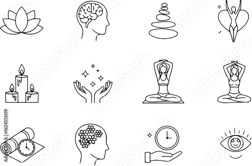 Vector art of wellness and meditation icons isolated on white background