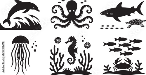 Marine Animal Silhouettes Collection Dolphin Octopus Shark Turtle Seahorse Crab Seaweed Ocean Life
