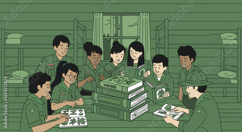 Scout troop studies nature books in cabin with bunk beds illustration