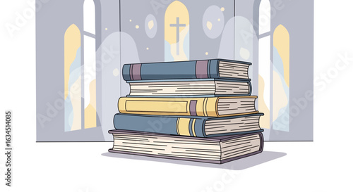 Stack of books in a church, representing knowledge and faith intertwined for spiritual growth and