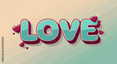 Creative love typography with 3D text effect and hearts. Stylized alphabet design for romantic greeting cards.