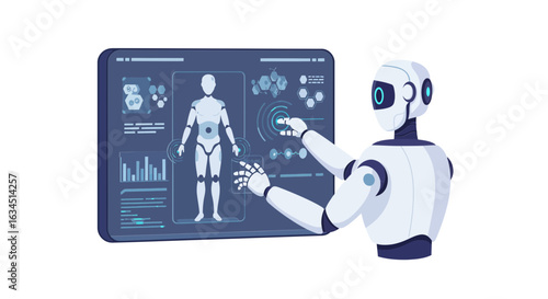 Advanced AI robot performing a swift medical diagnostic on a human anatomy diagram via a futuristic touch screen