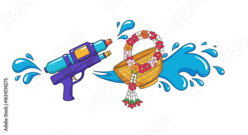 Songkran Festival Illustration Water Gun, Bowl, and Garland for Thai New Year