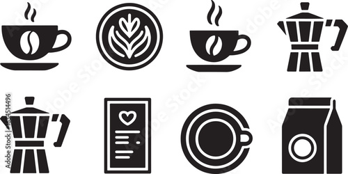 Coffee Shop Icons Set Black Silhouette Vector Illustration with Espresso, Latte, and Moka Pot Designs