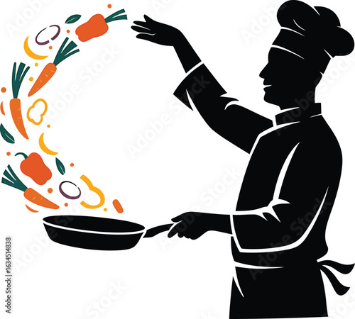 Culinary Chef Tossing Vegetables in a Pan Silhouette on Transparent Backdrop Vector Art