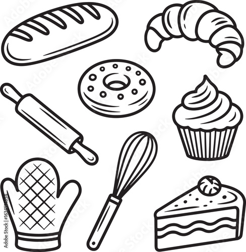 Detailed Black and White Vector Illustration of Bakery Items on Transparent Background
