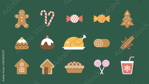 Assortment of Christmas Food and Treat Icons on a Dark Green Background holiday treats