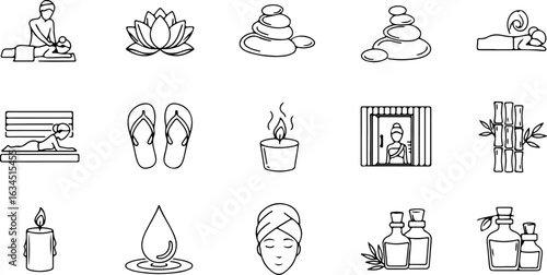 Vector art of spa and wellness icons with massage, lotus, stones, and oils