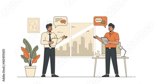 Two business professionals are engaged in a productive conversation in an office setting