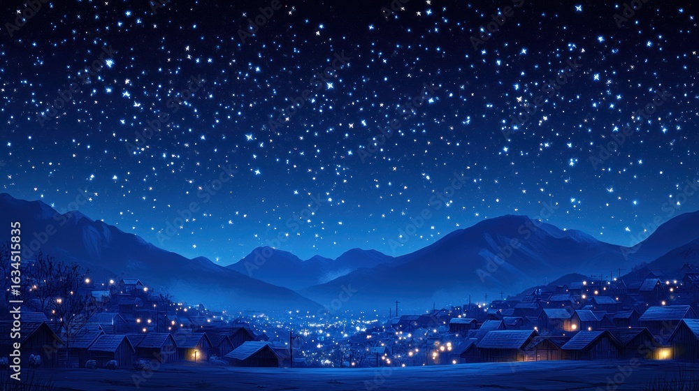Obraz premium Snowy village under starry night sky