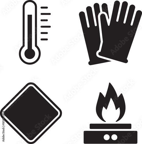 Four safety icons representing heat protection including a thermometer gloves hot surface warning and a flame silhouette