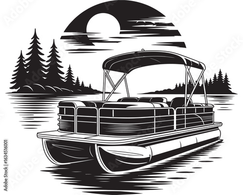 Pontoon Boat Scene – Vector Artwork with Calm Lake, Tree Line, and Sunset – Ideal for Nature Lovers, Vintage Style Graphics, and Print Projects