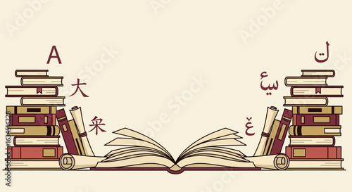 Vector illustration showcasing diverse language books and learning materials