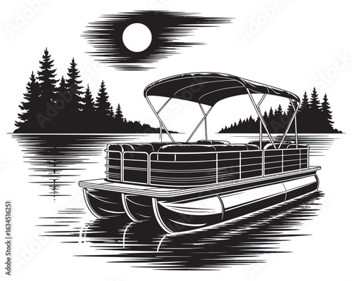 Vector Illustration of Pontoon Boat on Lake – Black and White Forest Sunset Scene for Outdoor Recreation Designs, Marine Posters, or Adventure-Themed Merchandise

