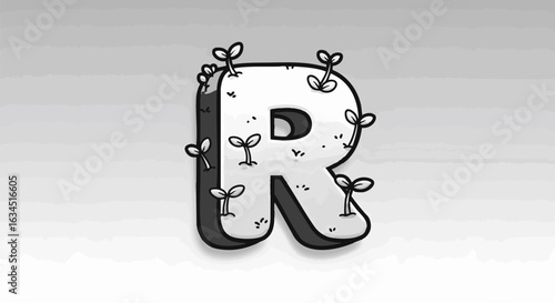 Alpha letter R in a bold font with small plant seedlings sprouting, representing growth. A black and white eco concept illustration.