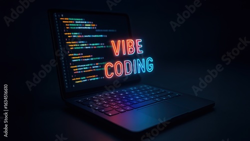 Sleek dark laptop glows with vibrant code and vibe coding text above keys, futuristic style and soft lighting add script runner, digital focus feel