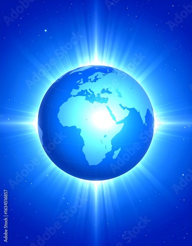 Glowing blue Earth with radiating light rays in space, symbolizing global connection, peace, and future.