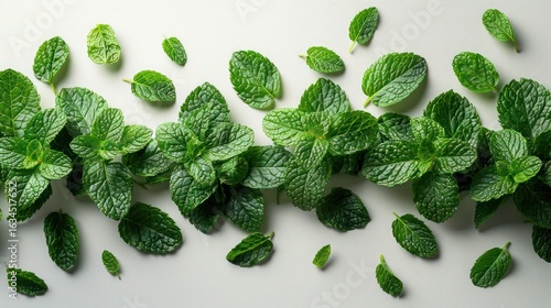  a few small green leaves placed gently in the top-left corner on a white background and white surface, illustration