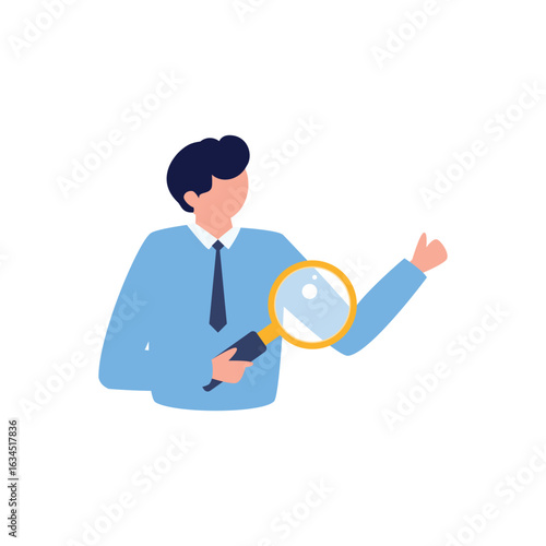 Scientist examining specimen with magnifying glass in flat vector art, Focused investigator with magnifying glass examining something intently exploring details and seeking information for research