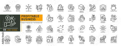 Minimalist Profitable Business line icons set with editable stroke, featuring strategy, revenue, competitive advance, margin, manufacturing, supply, sustainability, product. thin linear illustration.