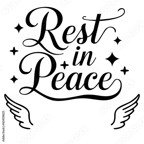 Rest in peace calligraphy with stars and wings in black and white memorial design element vector art