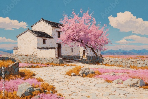 Pastel-toned rural landscape with a white house, blossoming pink tree, and a stone path