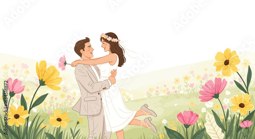 Whimsical wedding scene featuring a happy couple surrounded by spring flowers drawing