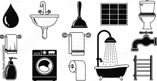 Vector art of collection of bathroom icons isolated on white background