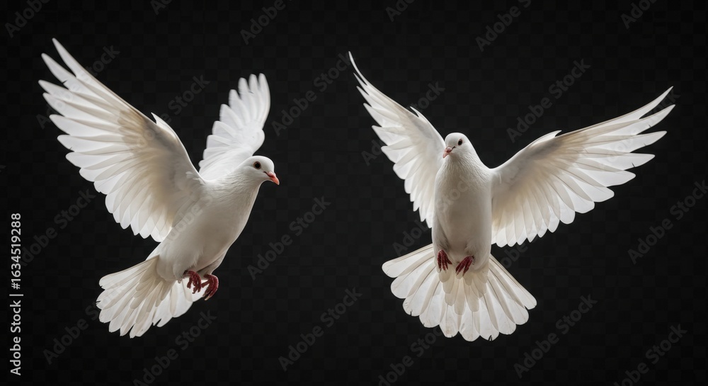 Fototapeta premium White doves flying against black background