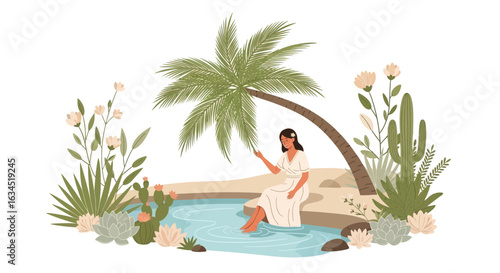 Woman relaxing by a desert oasis with palm trees and cacti creating a peaceful scene