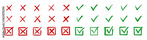 Check tick mark icon set, hand drawn doodle red cross box x check mark green checkbox v