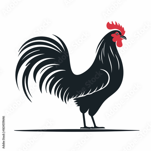 A flat 2D graphic illustration of a black rooster standing tall. Stylized silhouette of a cockerel with arched tail feathers.