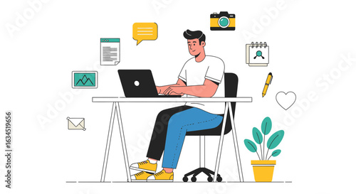 Young man working on laptop at desk surrounded by creative work icons modern workspace